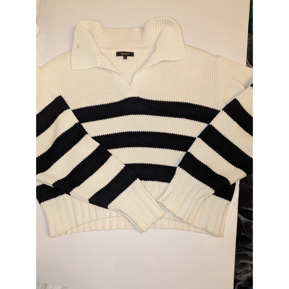 Quince Organic Cotton Fisherman  Cropped Polo Sweater Coastal Stripe Sz Small